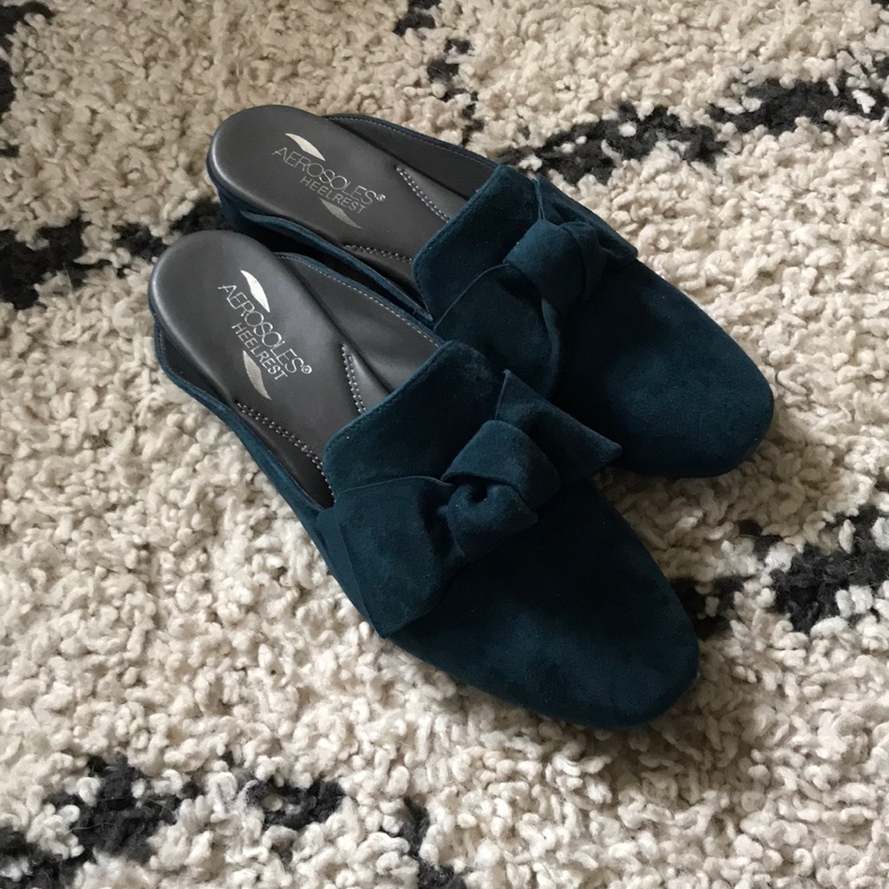 AEROSOLES Teal Suede Flat Loafers Bow Tie